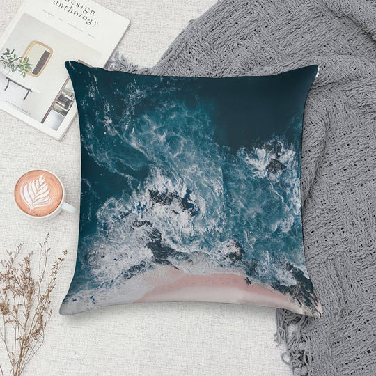 Aerial Beach Print - Aerial Ocean Photo - Words - Pink Sand - Sea Travel Photography by Ingrid Beddoes Soft Short Plush Fabric Throw Pillow