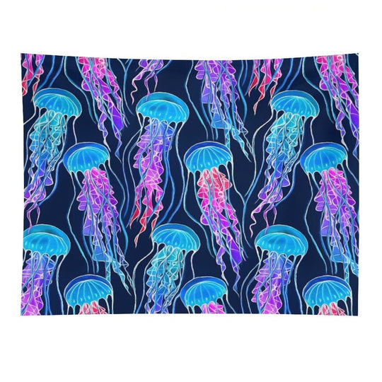 Luminescent Rainbow Jellyfish on Navy Blue Tapestry