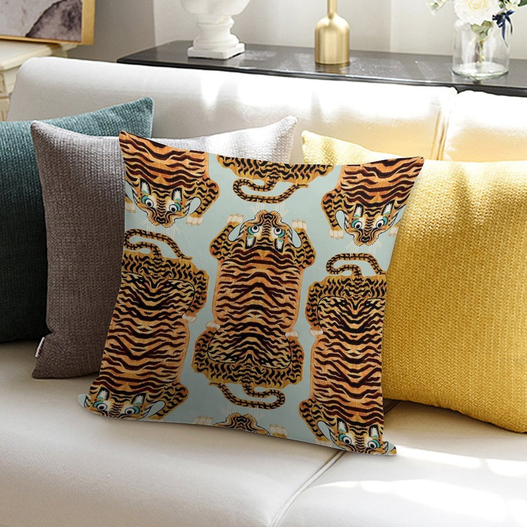Cute Golden Tibetan Tiger Rug in Sage Soft High-Density Material Throw Pillow