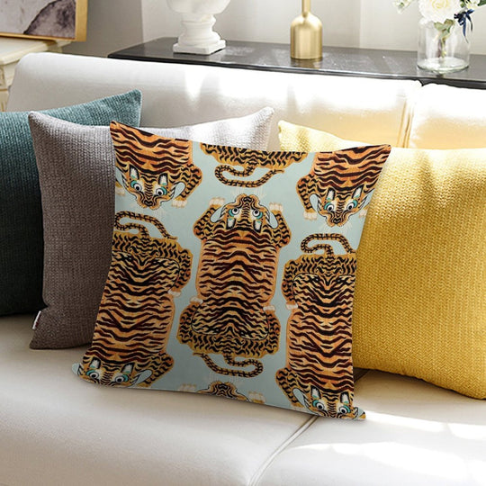 Cute Golden Tibetan Tiger Rug in Sage Soft High-Density Material Throw Pillow