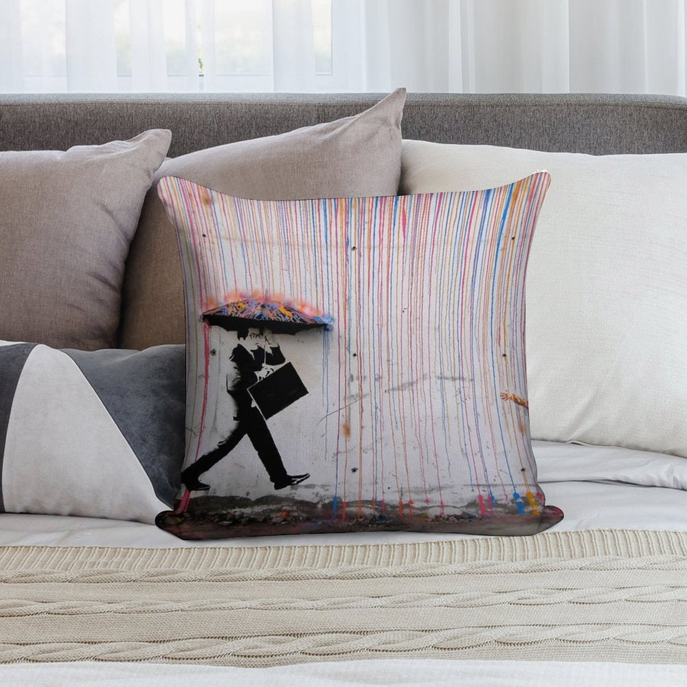 Banksy Umbrella Rainbow Happy Girl Soft Reinforced Edging Throw Pillow