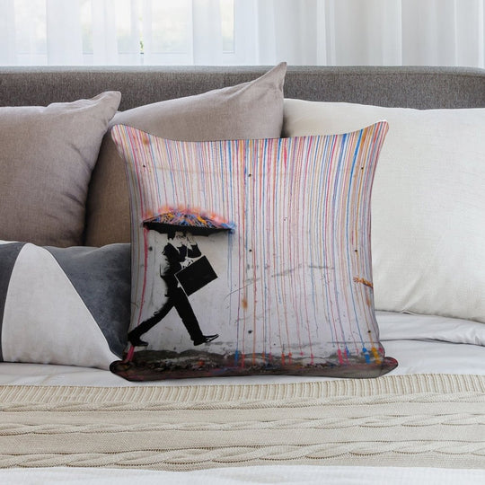 Banksy Umbrella Rainbow Happy Girl Soft Reinforced Edging Throw Pillow