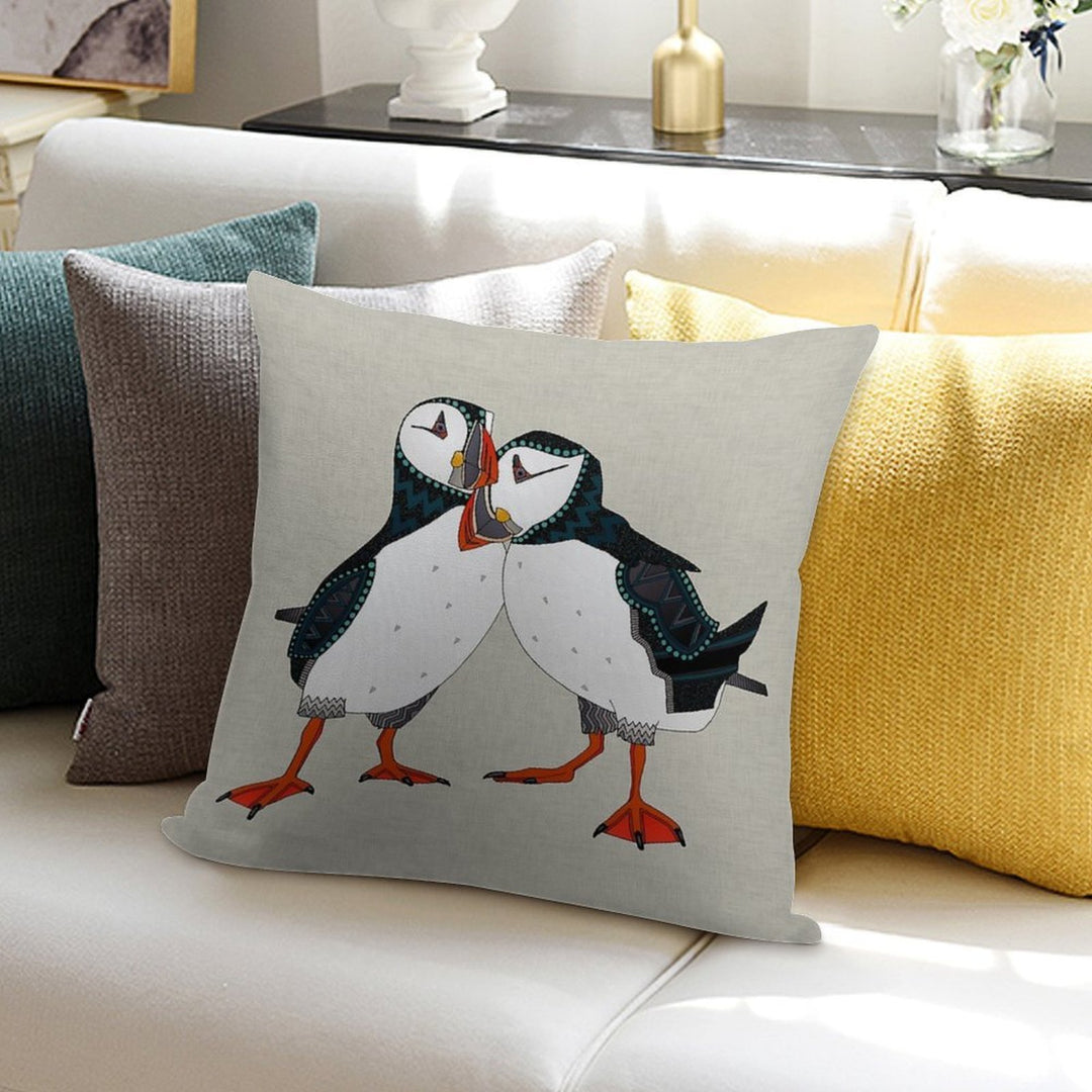 Puffin Pair Warm Grey Soft Decorative Cover Throw Pillow