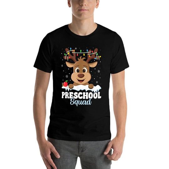 Preschool Teacher Christmas Preschool Squad Reindeer Xmas  Ribbed Collar T-Shirt