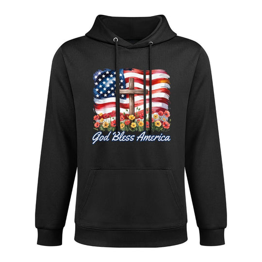 God Bless America Cross Flowers Patriotic 4th of July Moisture-Wicking Hoodie
