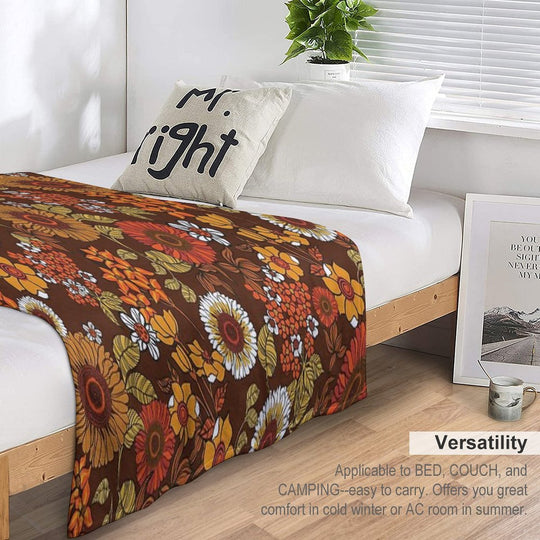 70s Vintage Boho Flowers, Orange, Browns, Hippie, Flower Power Velvety-soft Throw Blanket