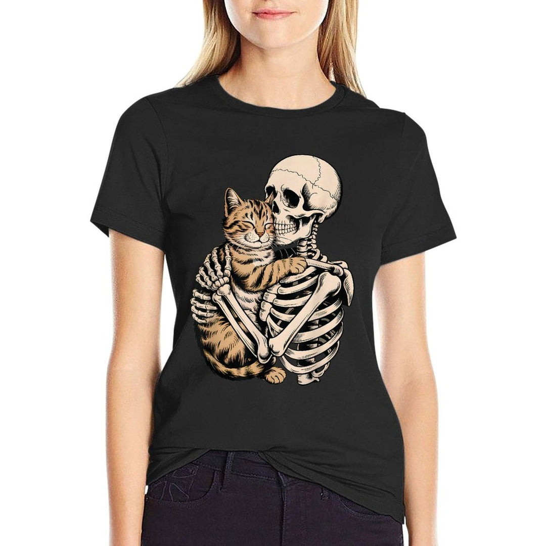 Skeleton Hugging Cat Halloween Funny Cat Lover Cat Mom Dad  Stretchy T-Shirt