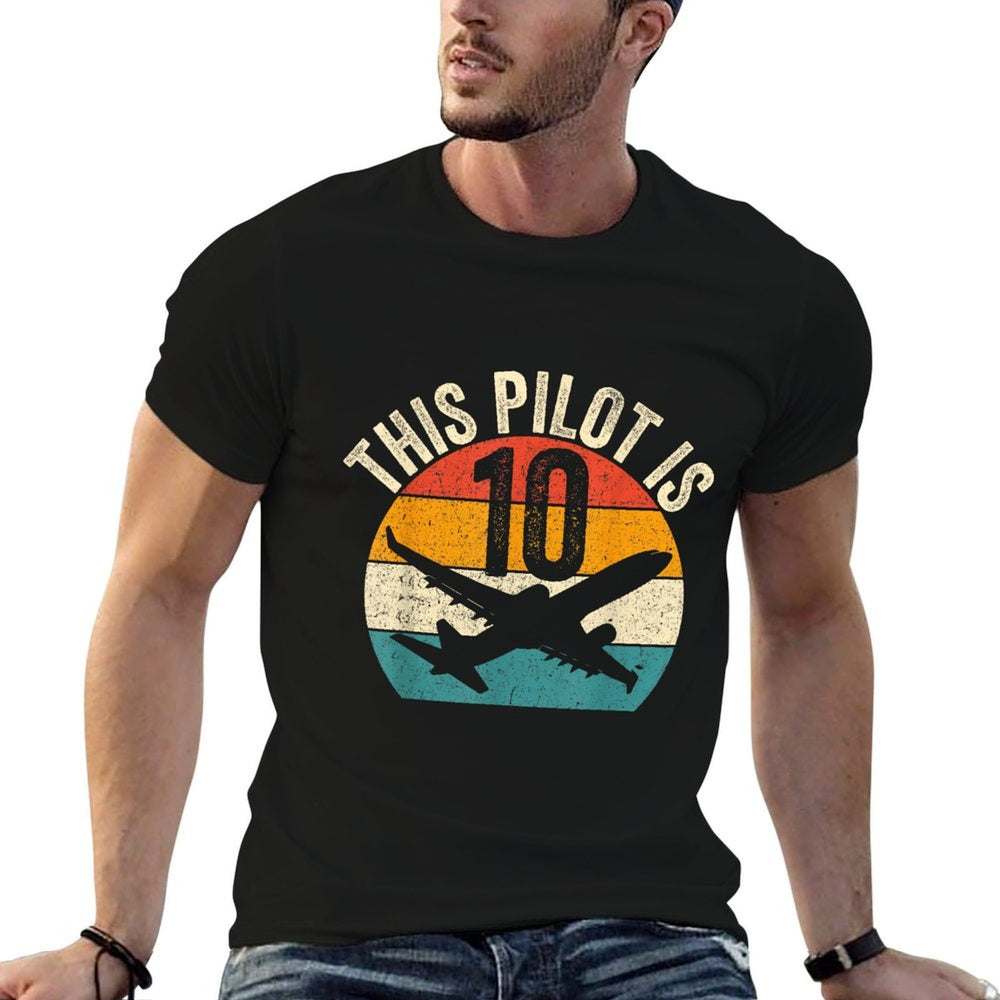 This Pilot Is 10 Aviation Airplane Retro 10th Birthday Party  Wrinkle-resistant T-Shirt