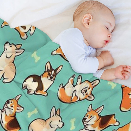 Jolly Corgis in Green Wrinkle-free Throw Blanket