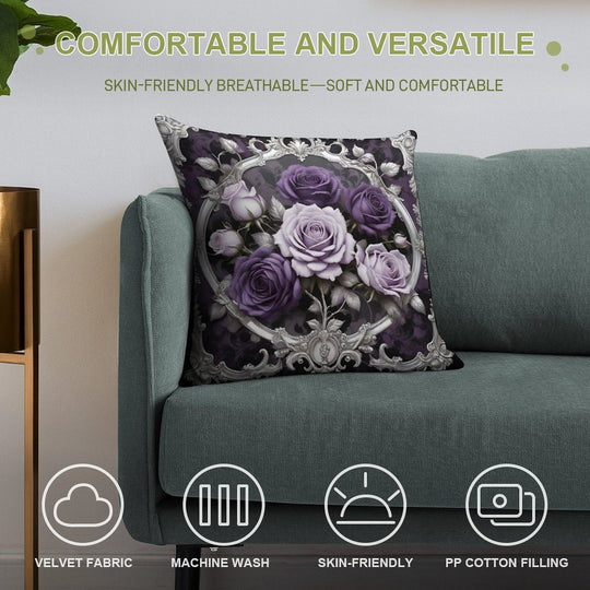 Matte Lilac & Purple Roses With Silver Rococo Soft Luxury Feel Throw Pillow