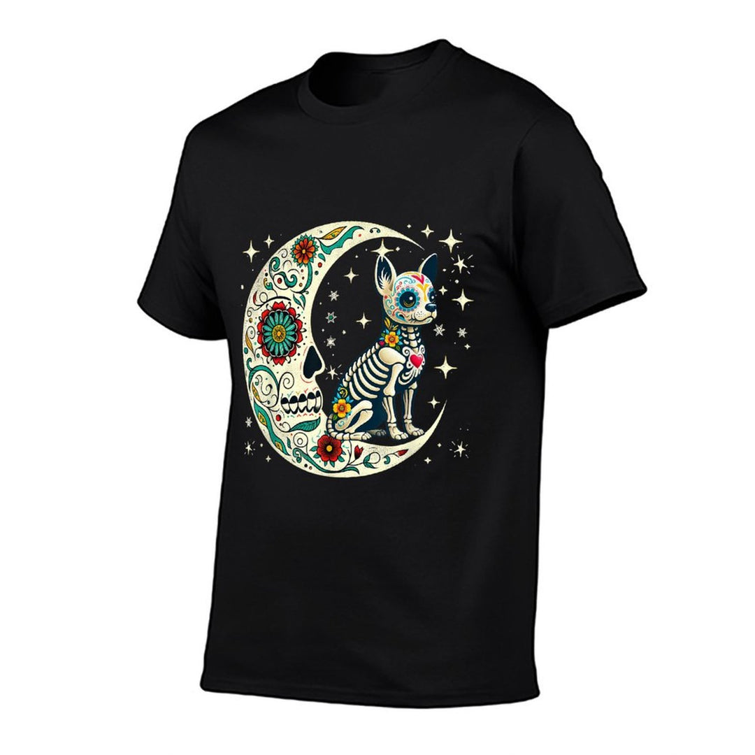 Dia De Los Muertos Halloween Moon Floral Skeleton Chihuahua  Soft T-Shirt