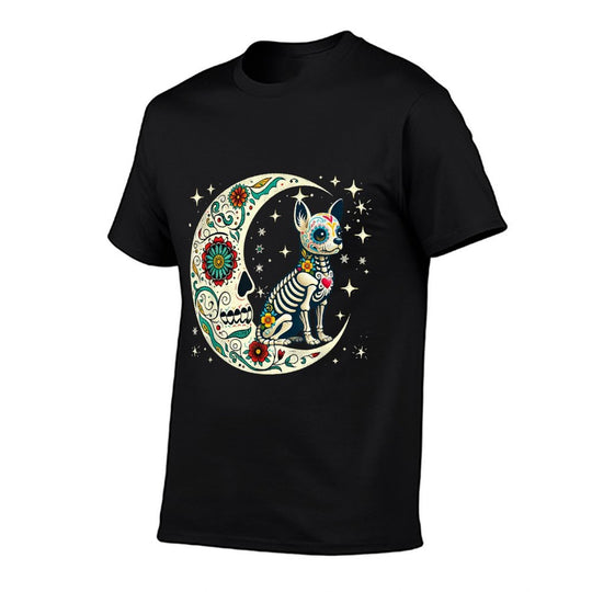 Dia De Los Muertos Halloween Moon Floral Skeleton Chihuahua  Soft T-Shirt
