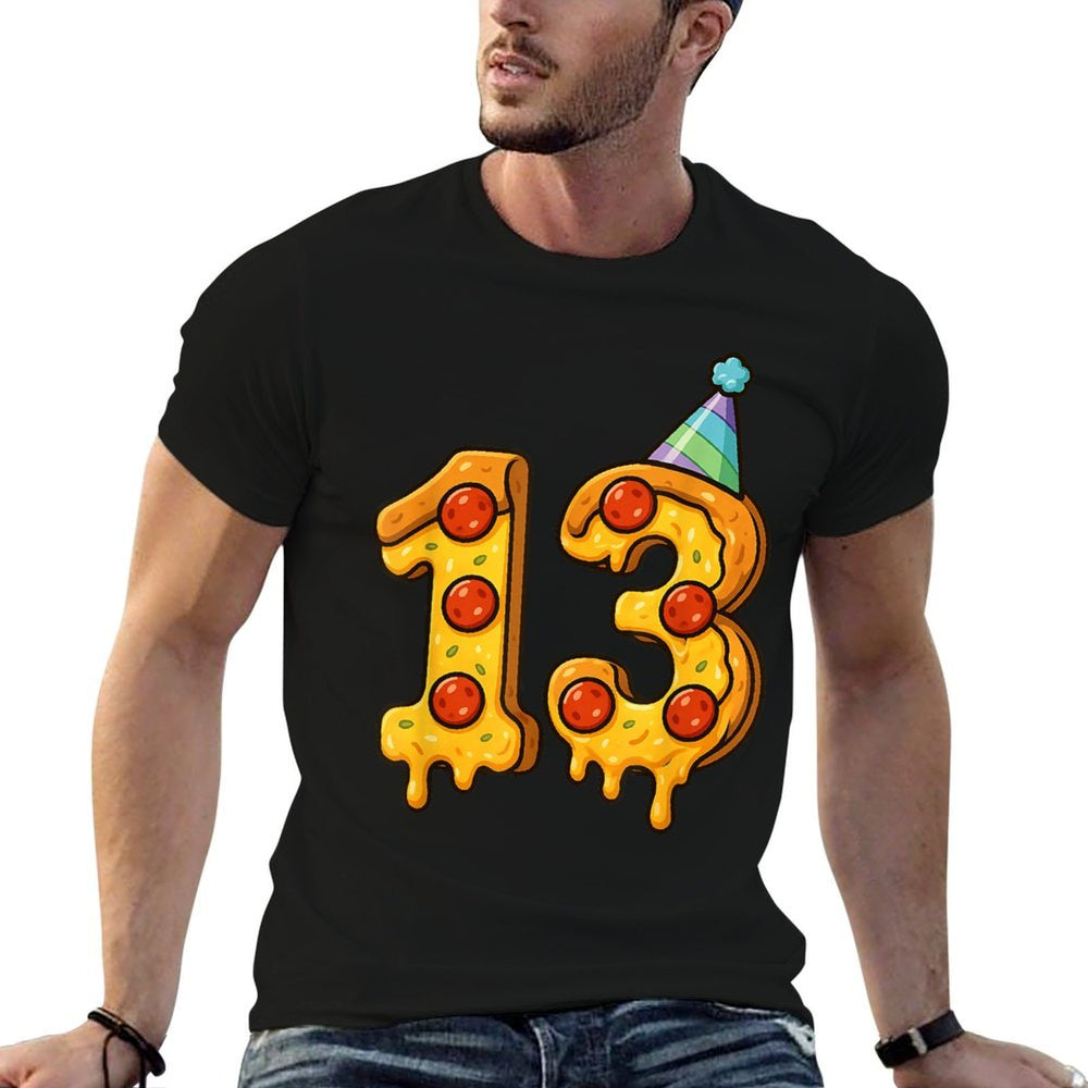 Pizza 13th Birthday 13 Years Old Party Hat Bday Boy Girl Kid  High-quality Stitching T-Shirt