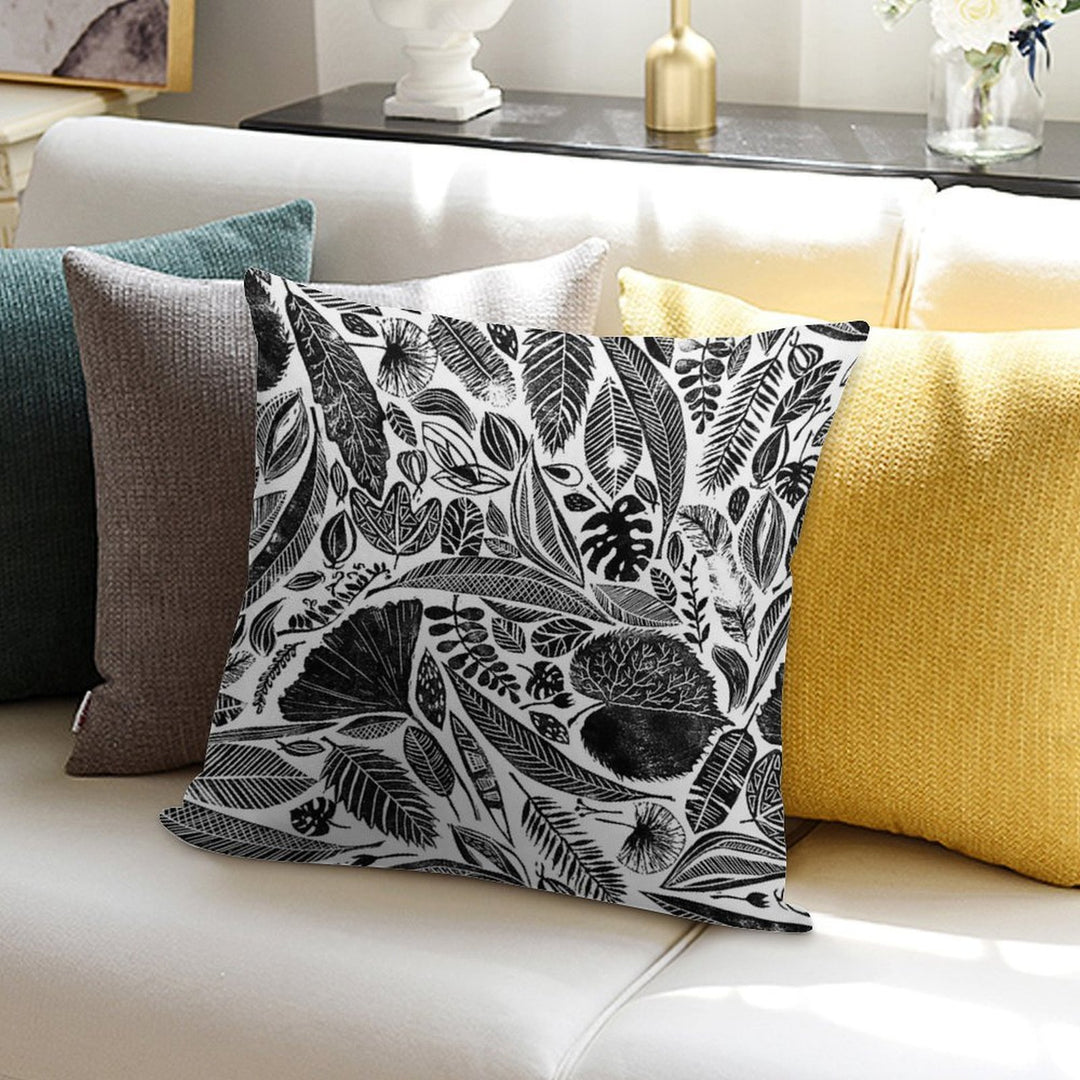 Mixed Leaves, Lino Cut Printed Nature Inspired Hand Printed Pattern Soft Gift Ready Throw Pillow