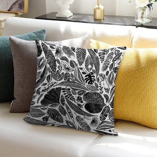 Mixed Leaves, Lino Cut Printed Nature Inspired Hand Printed Pattern Soft Gift Ready Throw Pillow