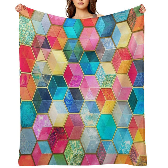 Crystal Bohemian Honeycomb Cubes - Colorful Hexagon Pattern Plush Throw Blanket