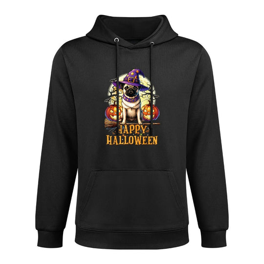 Dog Lovers Cute Pug Celebrating Witch Hat Funny Halloween Breathable Fabric Hoodie