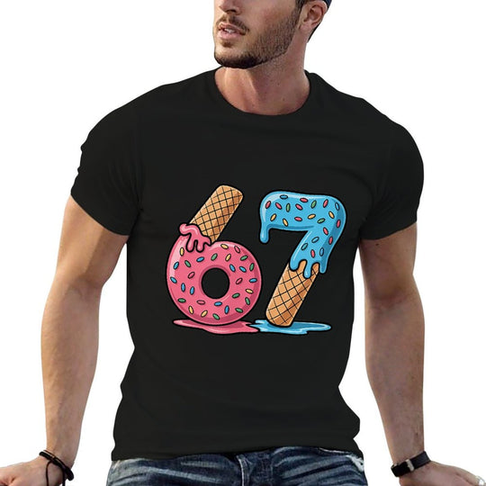 Number 67 Ice Cream Drip Cool Meme Six Seven Gen Alpha Slang  High-quality Stitching T-Shirt