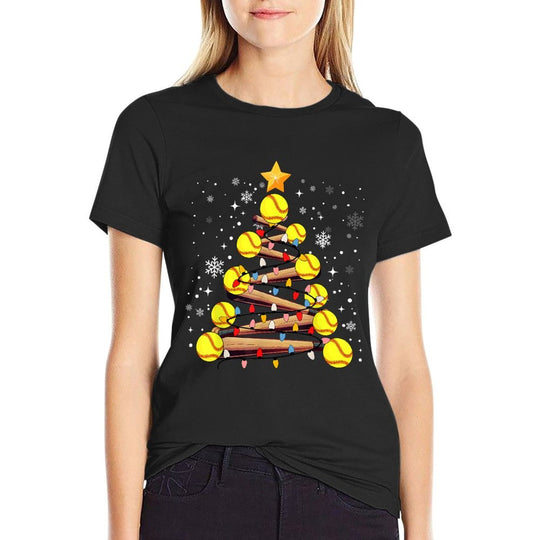 Softball Christmas Tree Light Xmas Softball Girls Kids  High-quality Stitching T-Shirt