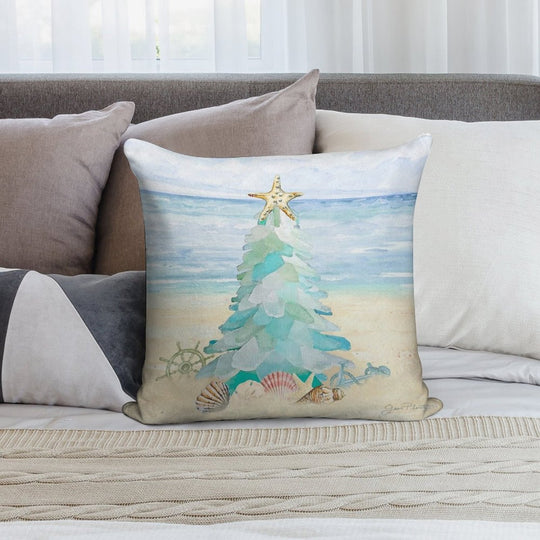Coastal Seaglass Christmas Tree B Soft Warmth Comfort Throw Pillow