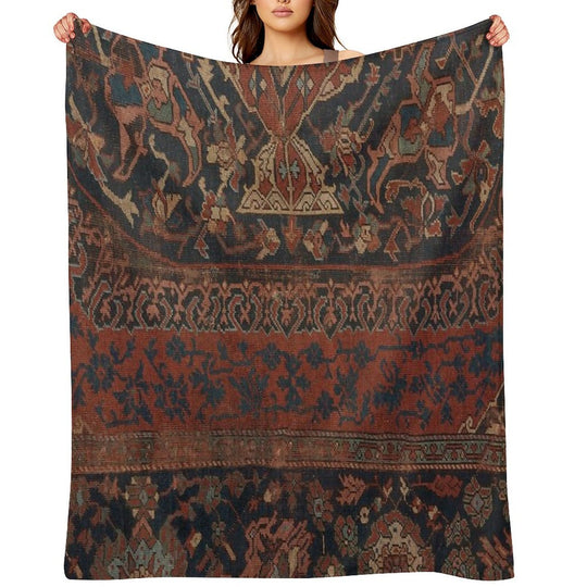 Boho Chic Dark III  17th Century Colorful Medallion Red Blue Green Brown Ornate Accent Rug Pattern Plush Throw Blanket