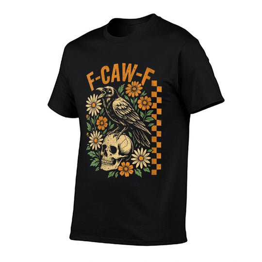 Womens Retro Black Crow F-Caw-F Black Bird Skull Floral Halloween  Graphic-printed T-Shirt