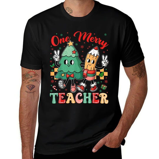 One Merry Teacher Groovy Christmas Tree Pjs Xmas Teacher  Odor-resistant T-Shirt