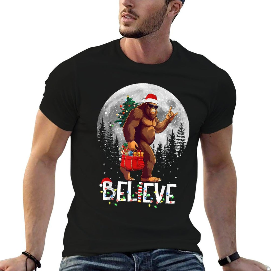 Santa Bigfoot Christmas Lights Funny Sasquatch Believe Xmas  Eco-friendly Material T-Shirt