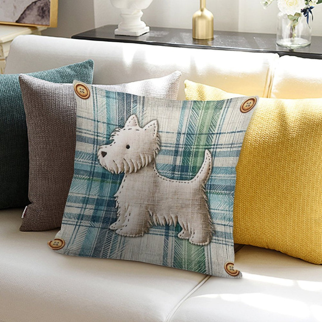 Linen Tartan Stitched Westie Soft Hidden Zipper Throw Pillow