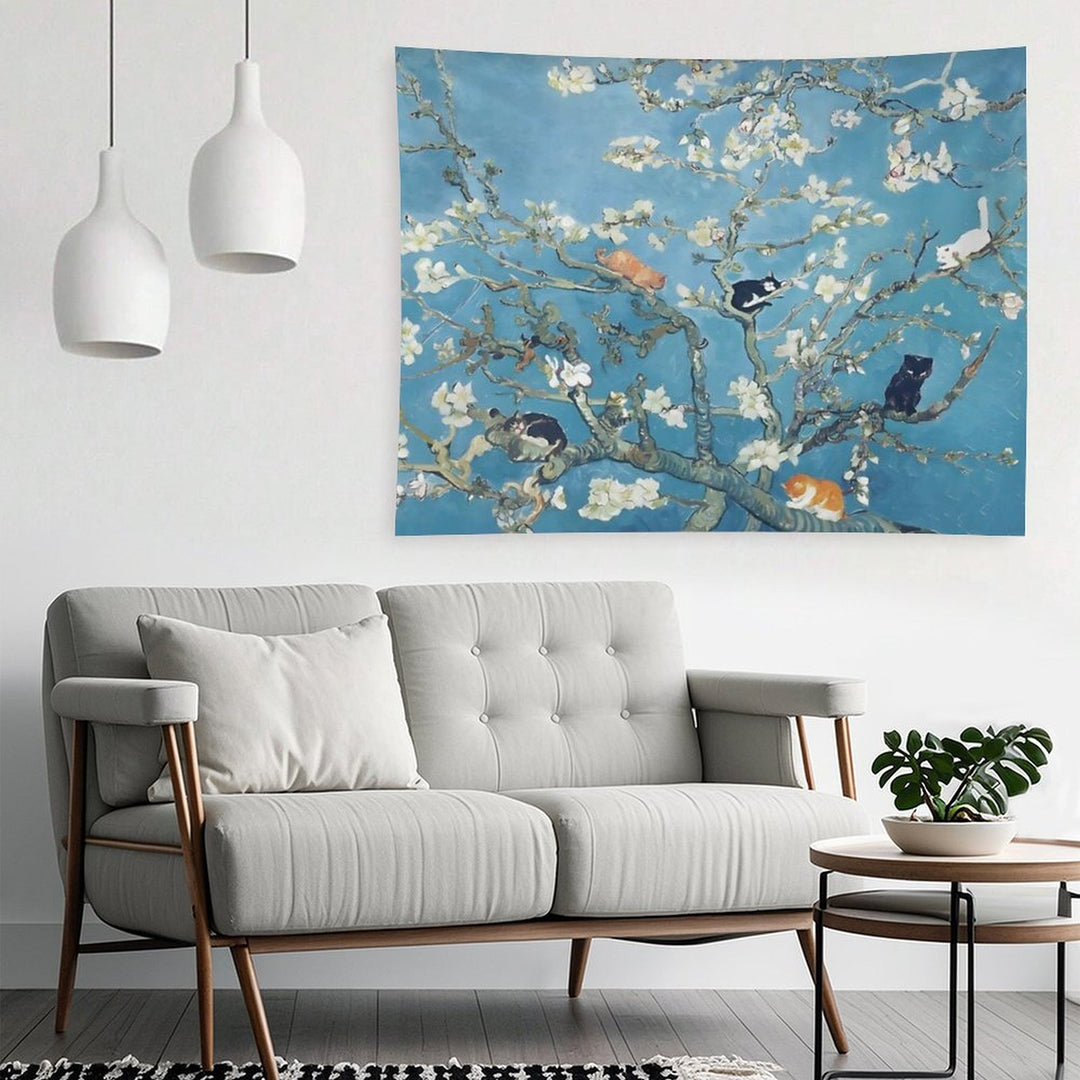 Van Gogh Cute Cats in Almond Blossom Tapestry