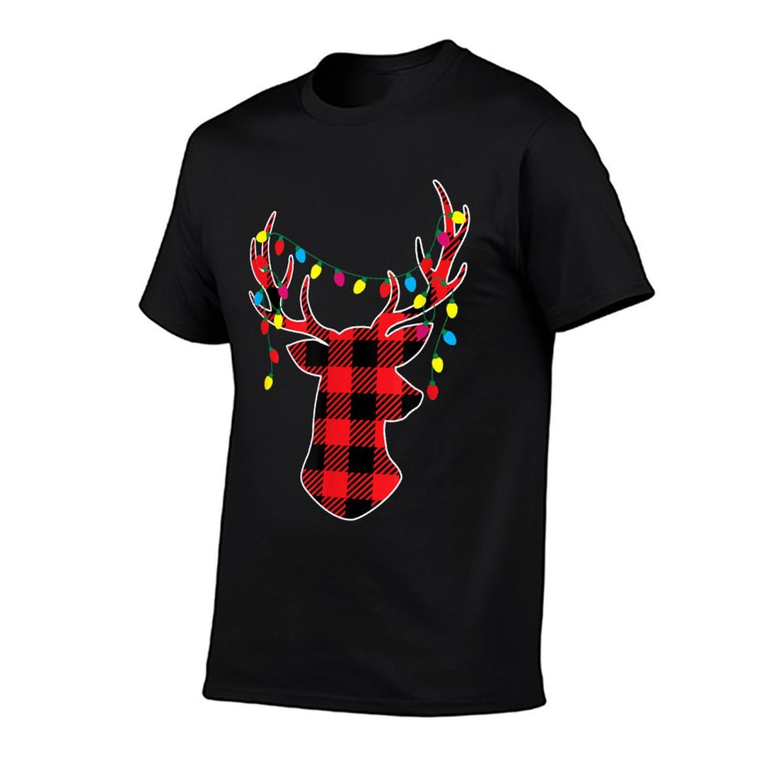 Red Black Christmas Gifts Buffalo Plaid Deer Women Men Kids  Ribbed Collar T-Shirt