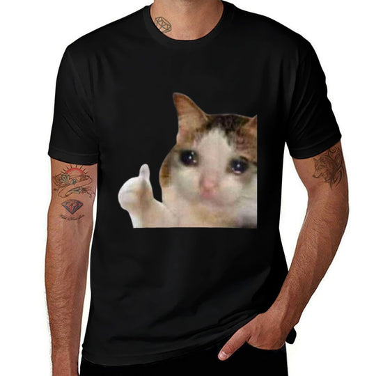 Thumbs Up Crying Cat Meme  Heathered Texture T-Shirt