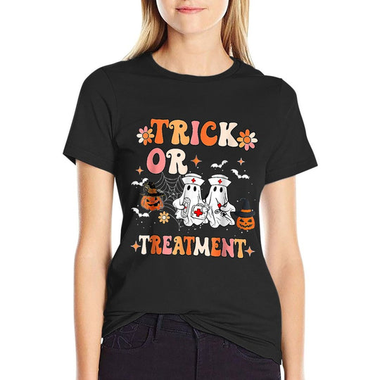 Trick Or Treatment Ghost Paramedic Halloween Nurse  Polyester Blend T-Shirt