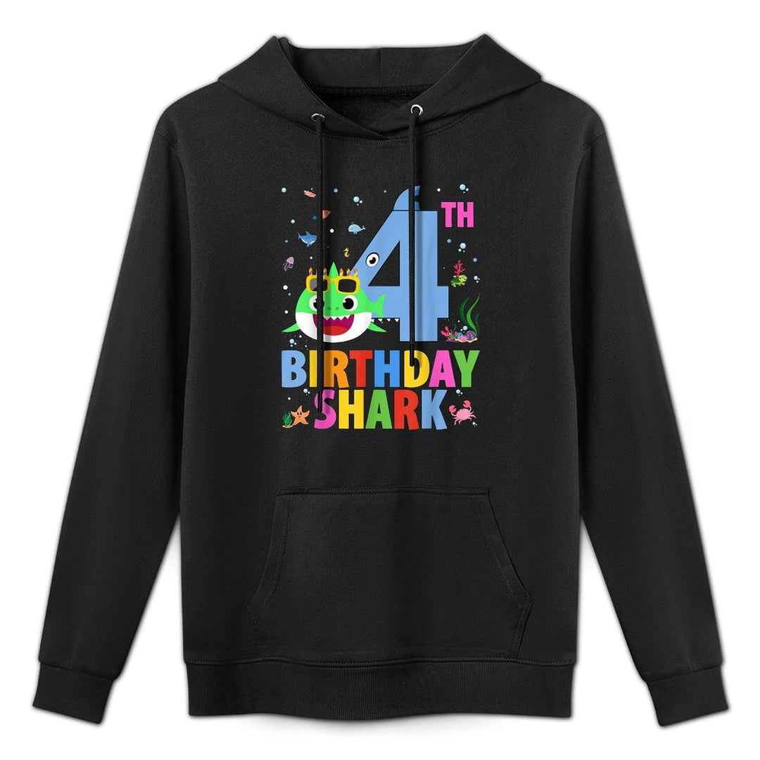 Funny 4th Birthday Shark 4 Year Old Birthday Boy Girl Party Machine Washable Hoodie