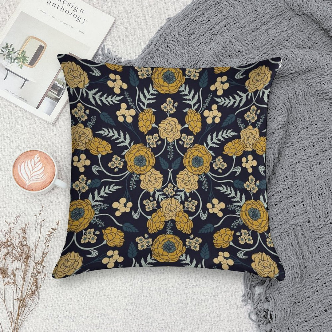 Navy Blue, Turquoise, Cream & Mustard Yellow Dark Floral Pattern Soft Luxury Feel Throw Pillow