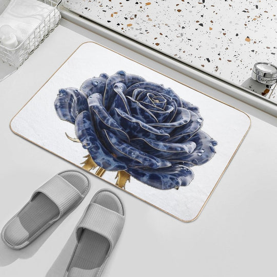 Blue Lapis Lazuli Rose with Golden Tiger Leaves  Easy To Clean Bath Mat