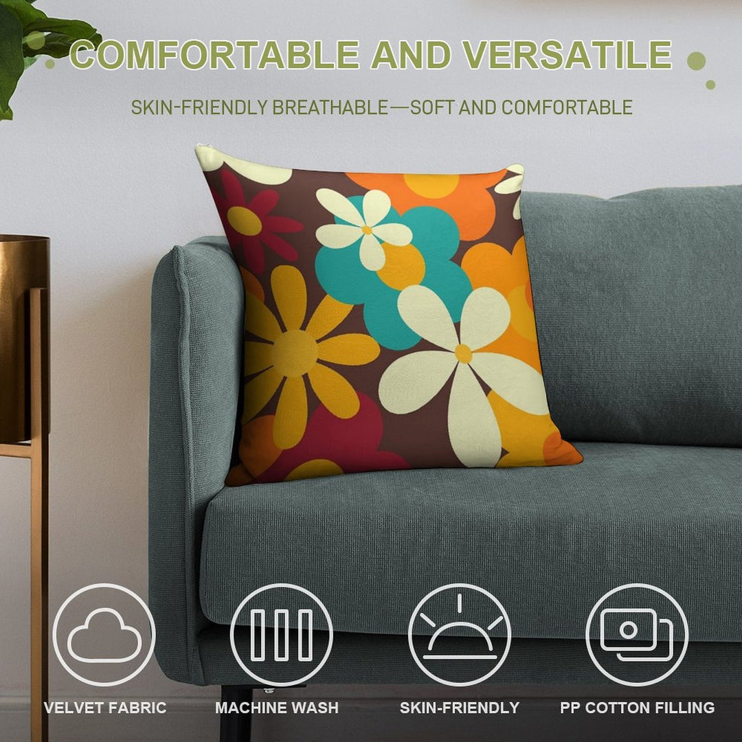 Retro 70s Classic Colors Flower Power Seamless Repeat Pattern Print Soft Durable Construction Throw Pillow