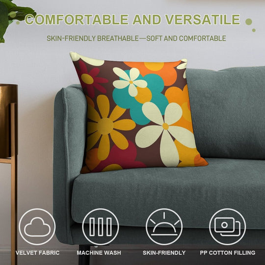 Retro 70s Classic Colors Flower Power Seamless Repeat Pattern Print Soft Durable Construction Throw Pillow