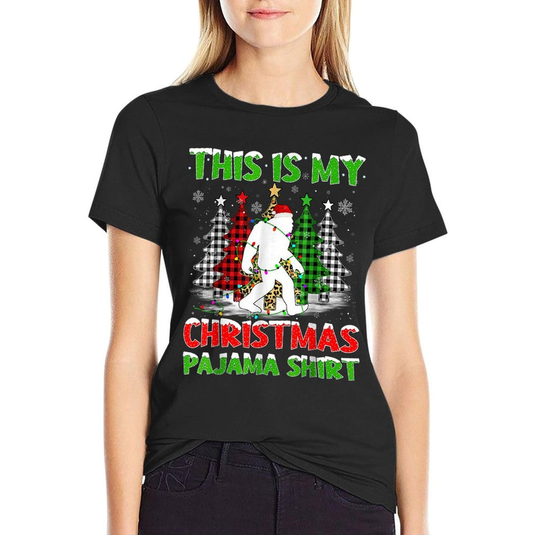This Is My Pajama Bigfoot Xmas Tree Plaid Christmas  Rolled Sleeves T-Shirt