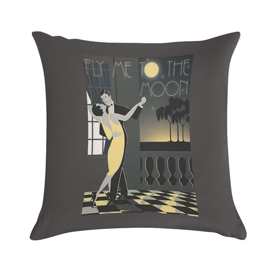 Fly Me To The Moon Vintage Art Deco Poster Soft Short Plush Fabric Throw Pillow