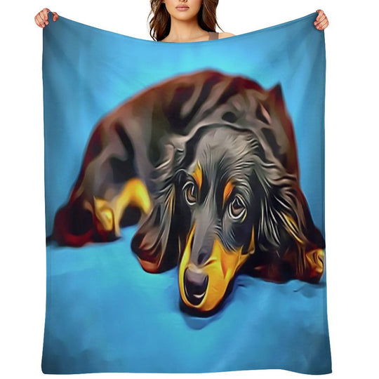Sleepy Long Haired Brown Dachshund Plush Throw Blanket