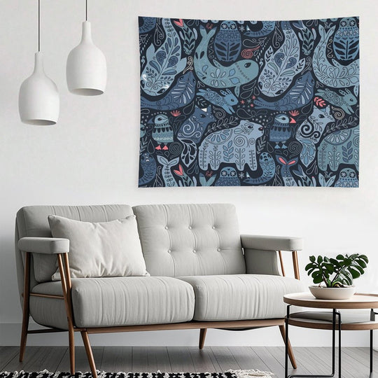 Arctic Animals. Narwhal, Polar Bear, Whale, Puffin, Owl, Fox, Bunny, Seal. Tapestry