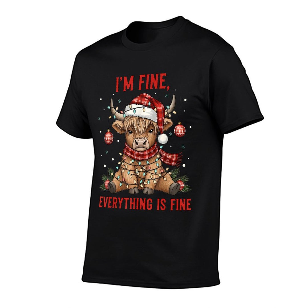 Im Fine Everything Is Fine Funny Christmas Highland Cow  Trendy Pattern T-Shirt