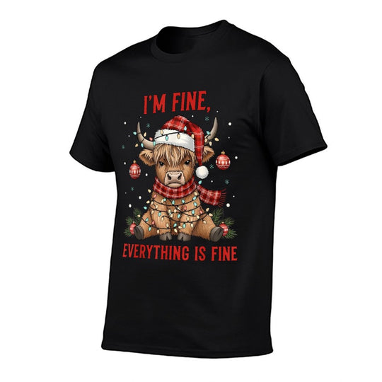 Im Fine Everything Is Fine Funny Christmas Highland Cow  Trendy Pattern T-Shirt