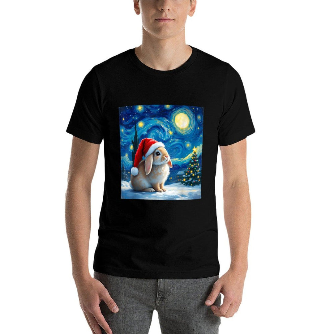 Christmas Rabbit Santa Hat Van Gogh Starry Night Holiday  High-quality Stitching T-Shirt