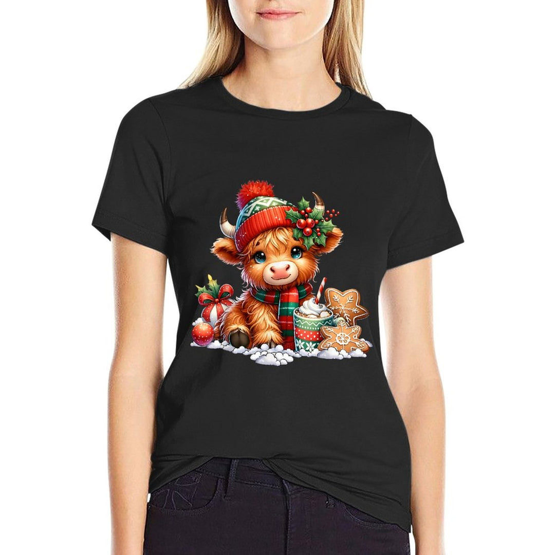Christmas Highland Cow Cute Heifer Cow Santa Hat Mooey Xmas  Graphic-printed T-Shirt