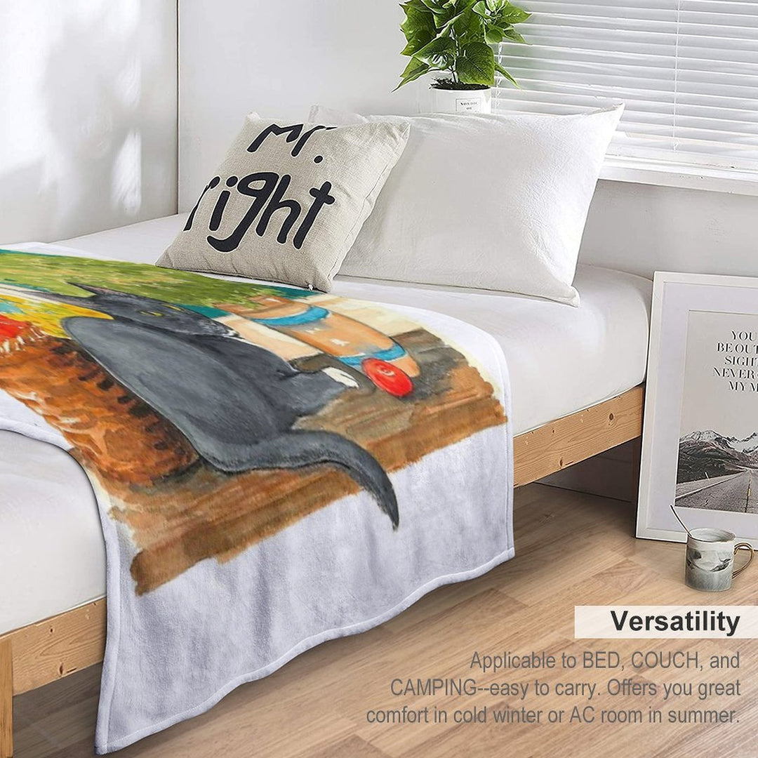 Black Cat on A Sunny Windowsill – Cozy Cottage Illustration Comfort Throw Blanket