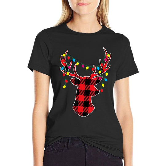 Red Black Christmas Gifts Buffalo Plaid Deer Women Men Kids  Ribbed Collar T-Shirt