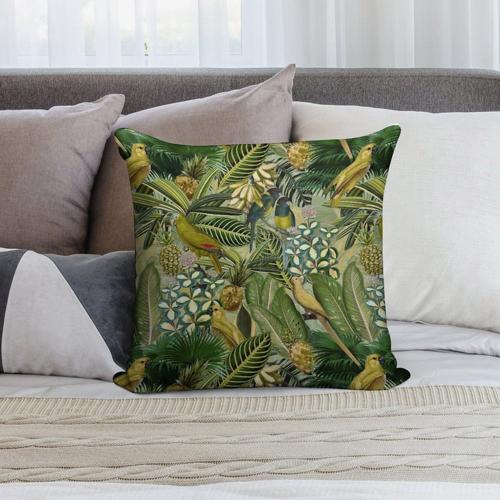 Vintage Green Tropical Bird Jungle Botanical Night Garden Nightgarden Soft Short Plush Fabric Throw Pillow