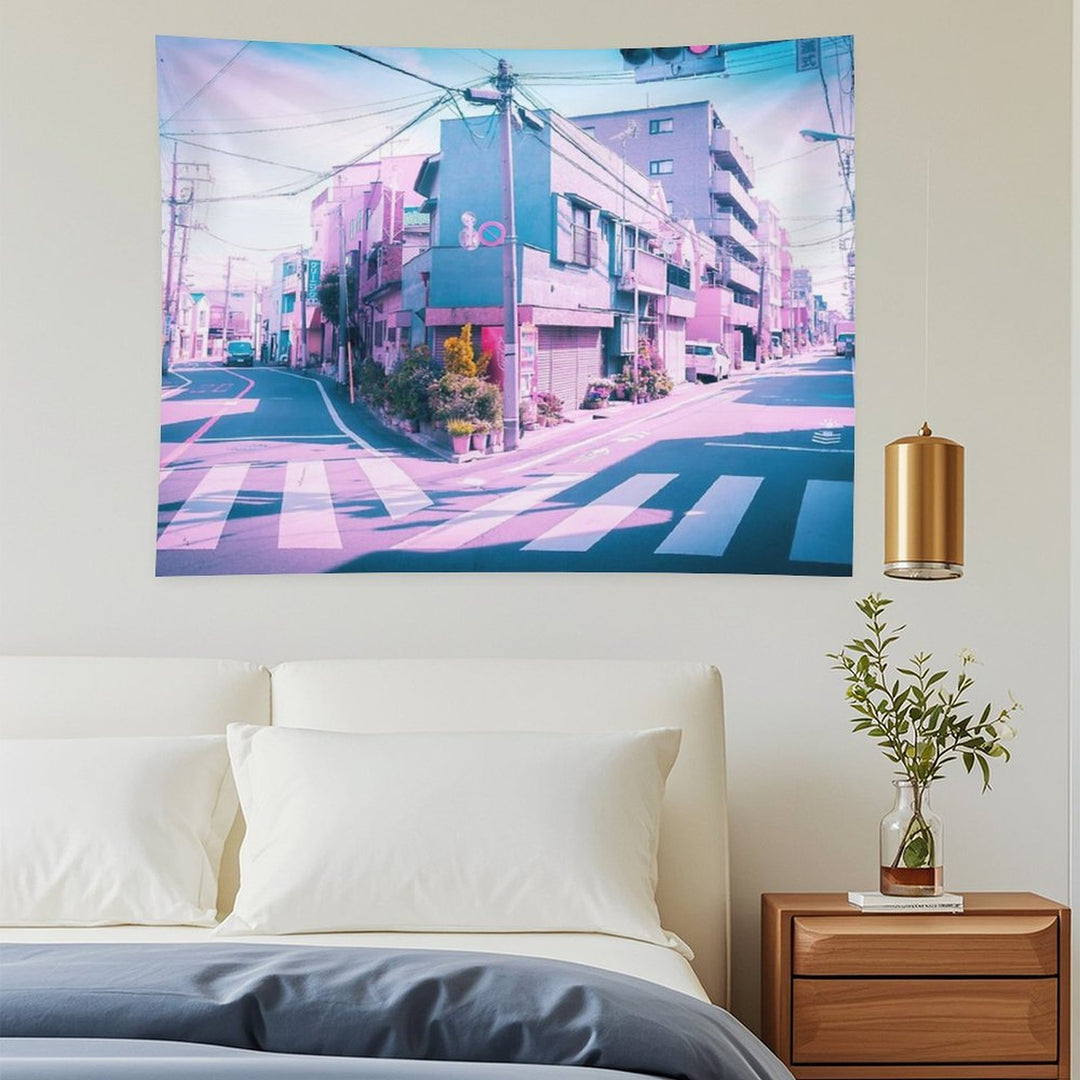 Anime in Real Life Vaporwave Summer Day in Tokyo Residential Area Tapestry